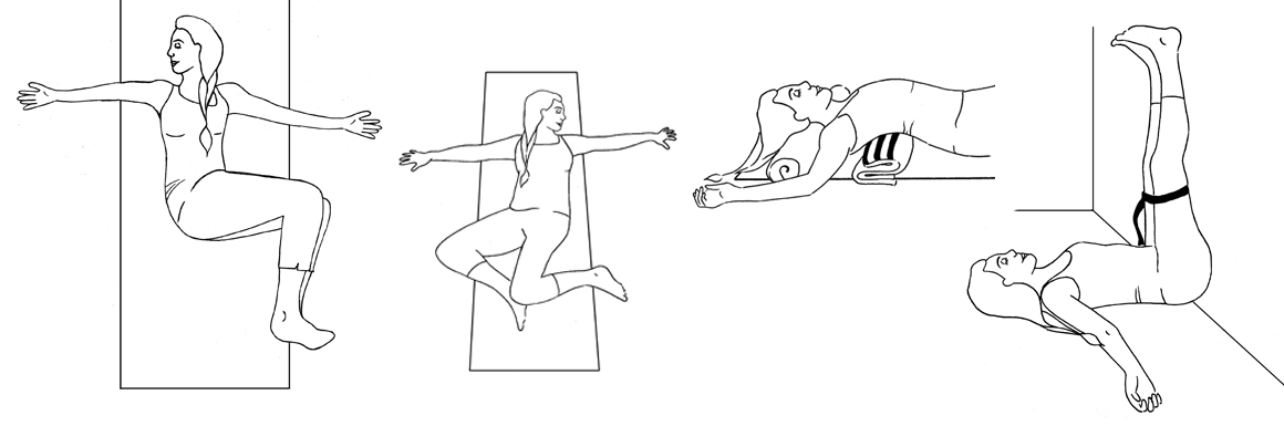 Black and white line illustrations of Supine Twist, Mountain Brook Heart Opener and Legs Up the Wall yoga postures