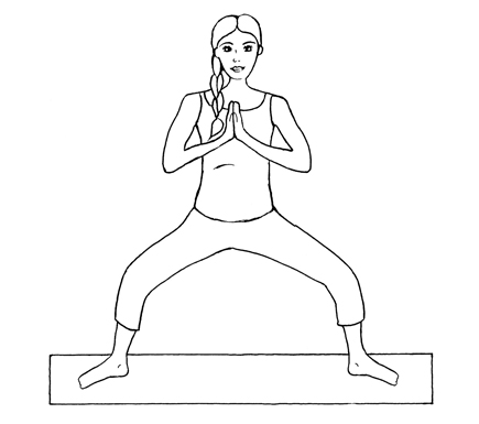 Black and white line illustration of a pregnant person doing Horse Pose yoga posture (standing half squat)